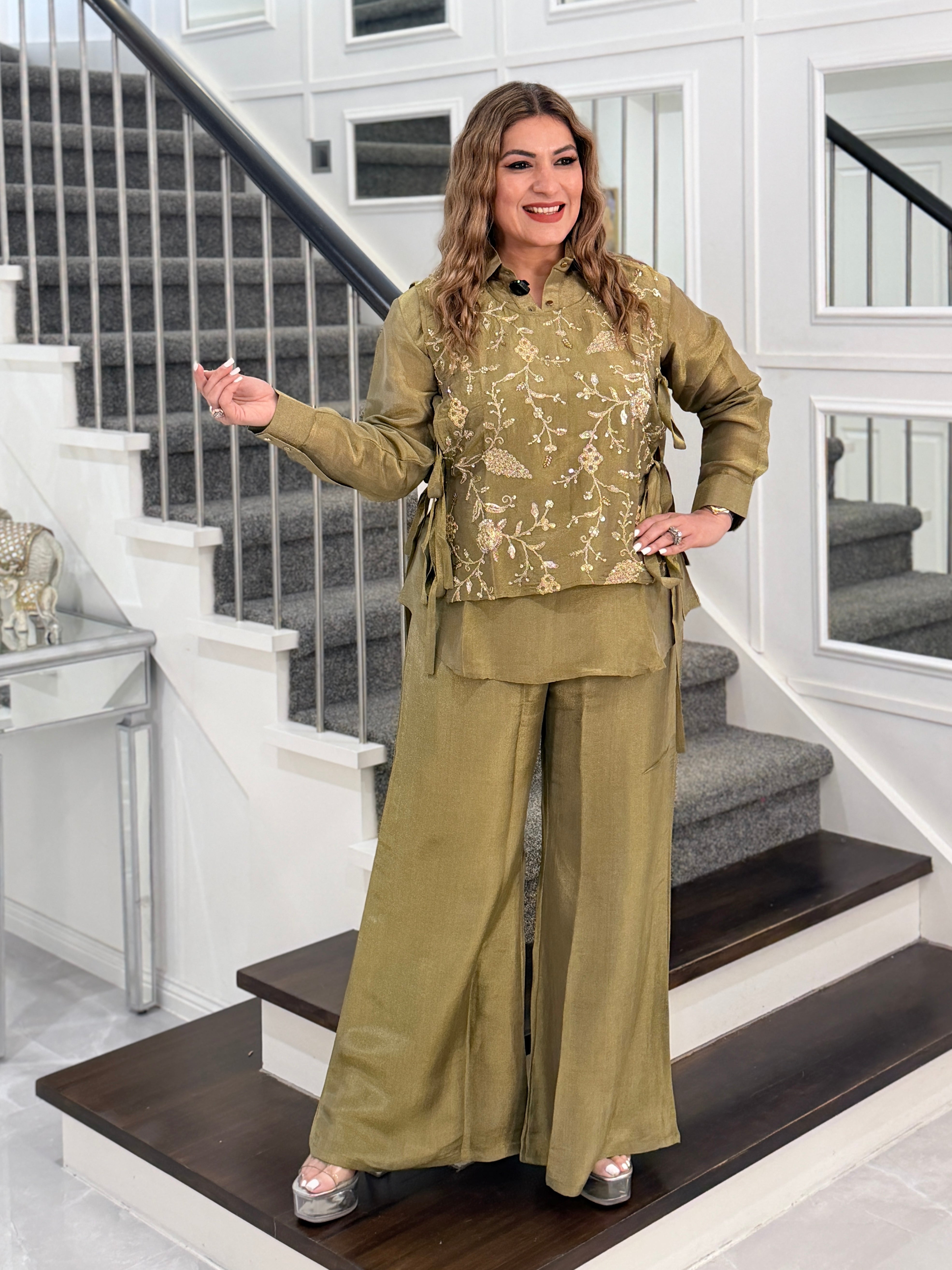 Olive Embroidered Indo-western Set - Indo-western Wear