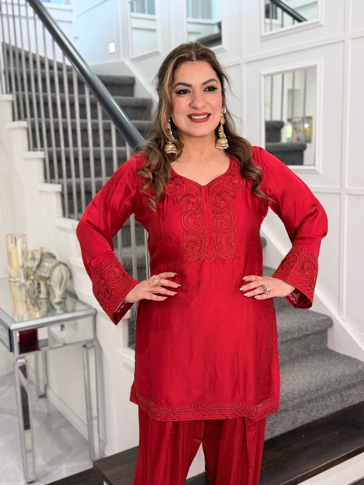 Salwar Kameez - Red Silk Tonal Embroidered Salwar Suit with Organza Dupatta by Panache by Divya - product image 5