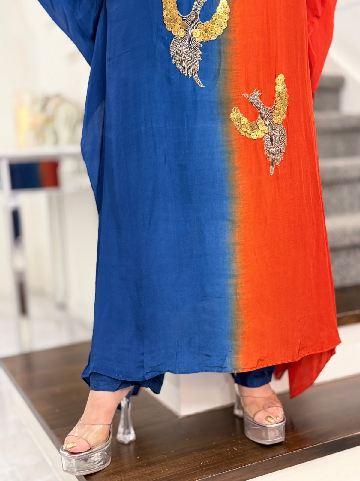 Blue Orange Ombre Bird Motif Coin Sequin Kaftan Co-ord Set by Panache by Divya - product image 6