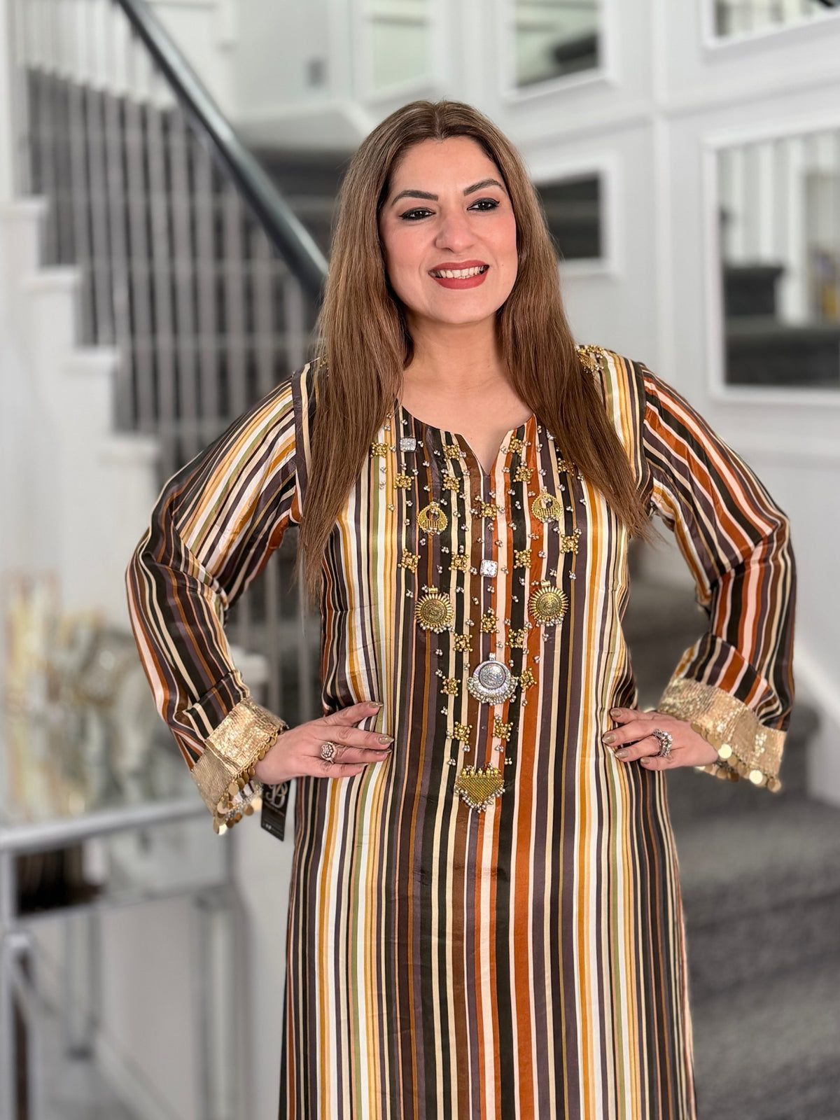Earthy Multi Stripe Coin Medallion Embellished Co-ord Set by Panache by Divya - product image 2