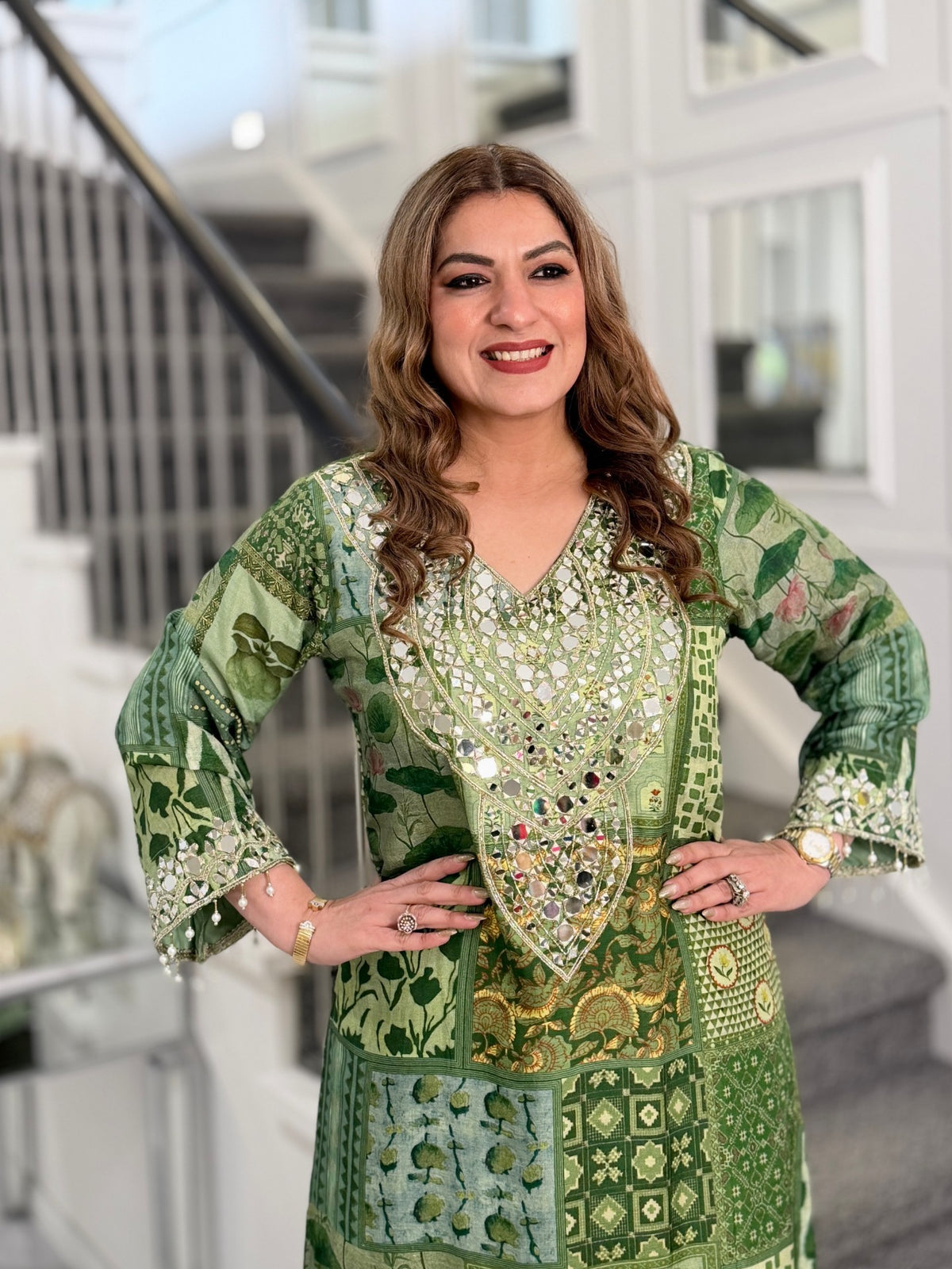 Green Patchwork Print Mirror Work Kaftan Co-ord Set with Potli by Panache by Divya - product image 3
