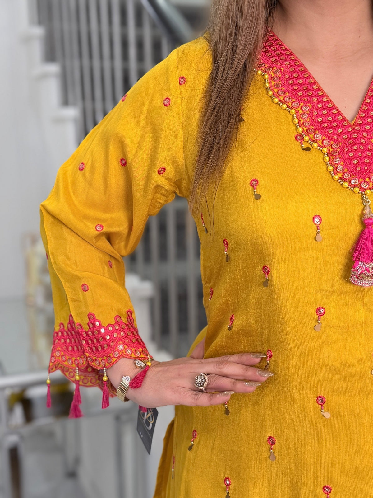 Salwar Kameez - Mustard Pink Cutwork Embroidered Tassel Salwar Suit by Panache by Divya - product image 5