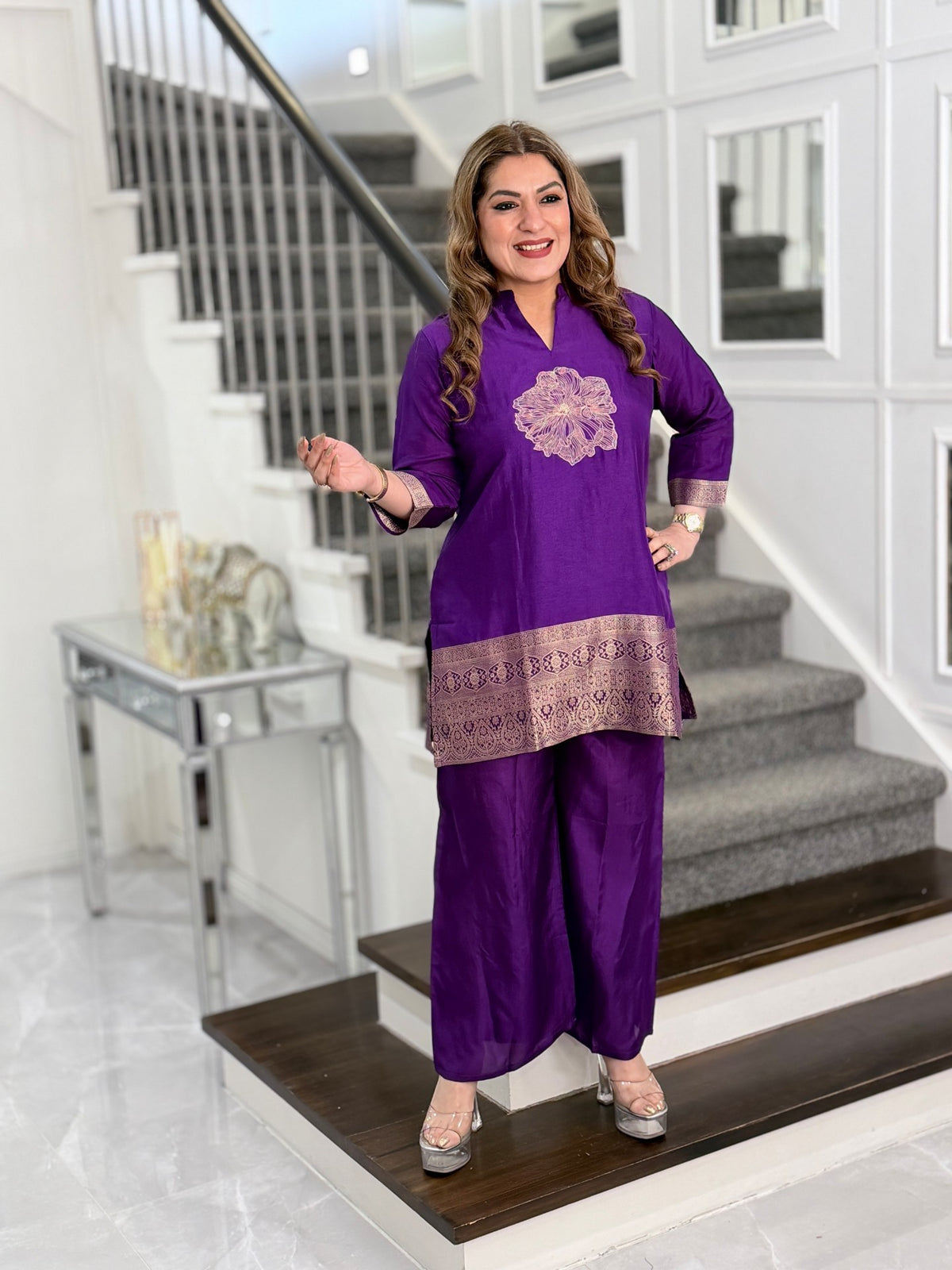 Purple Floral Embroidered Banarasi Border Kurta Co-ord Set by Panache by Divya - product image 1