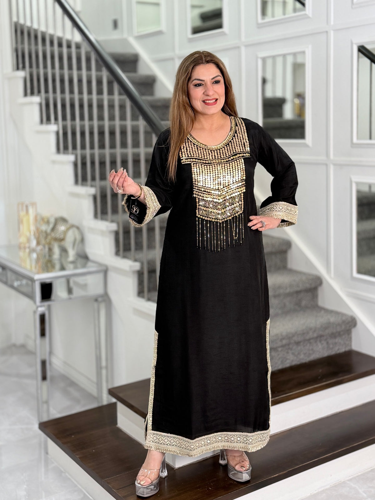 Black Gold Sequin Yoke Fringe Co-ord Set by Panache by Divya - product image 1