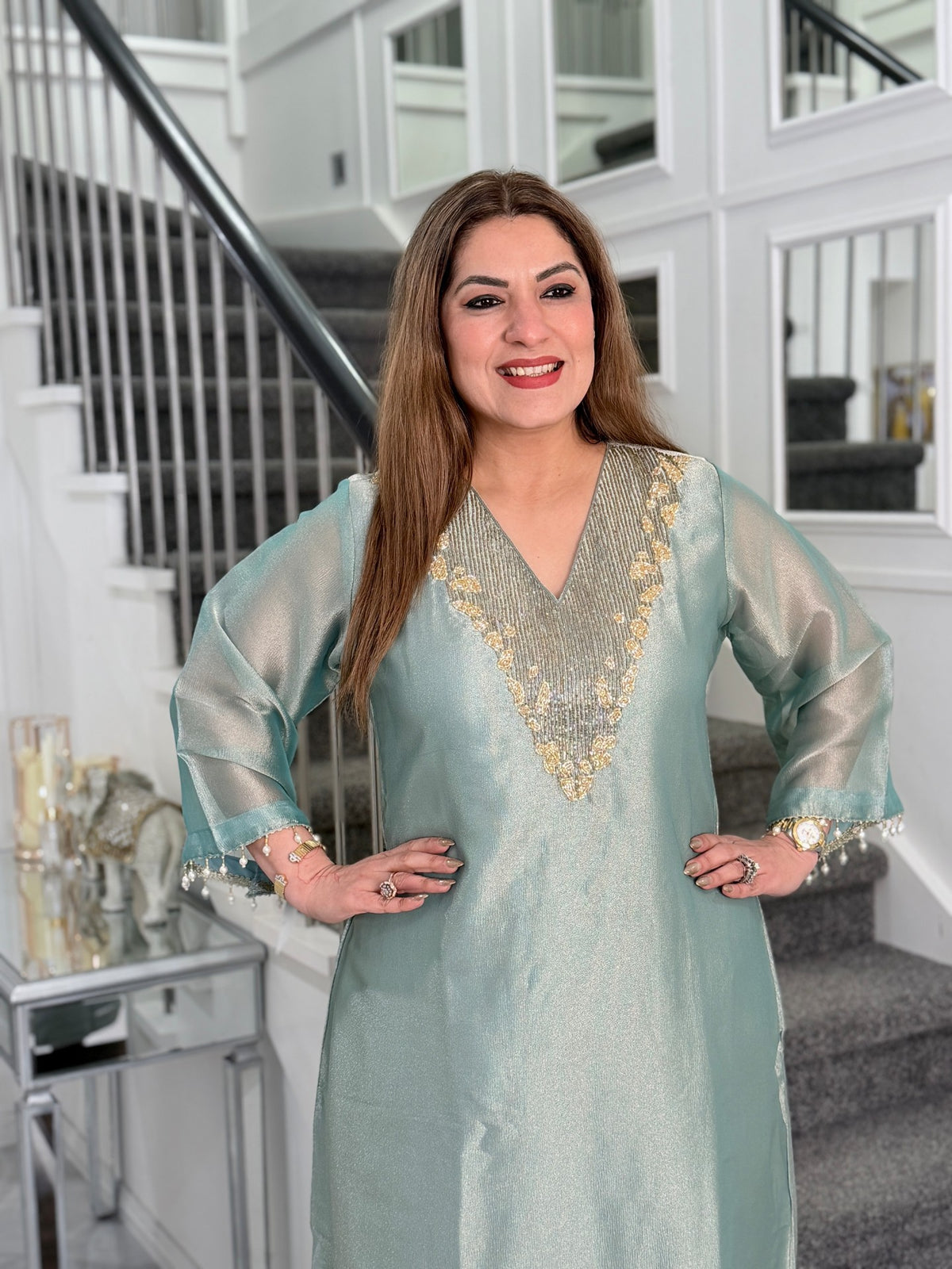Sage Tissue Beaded V-Neck Kurta Co-ord Set with Potli by Panache by Divya - product image 2