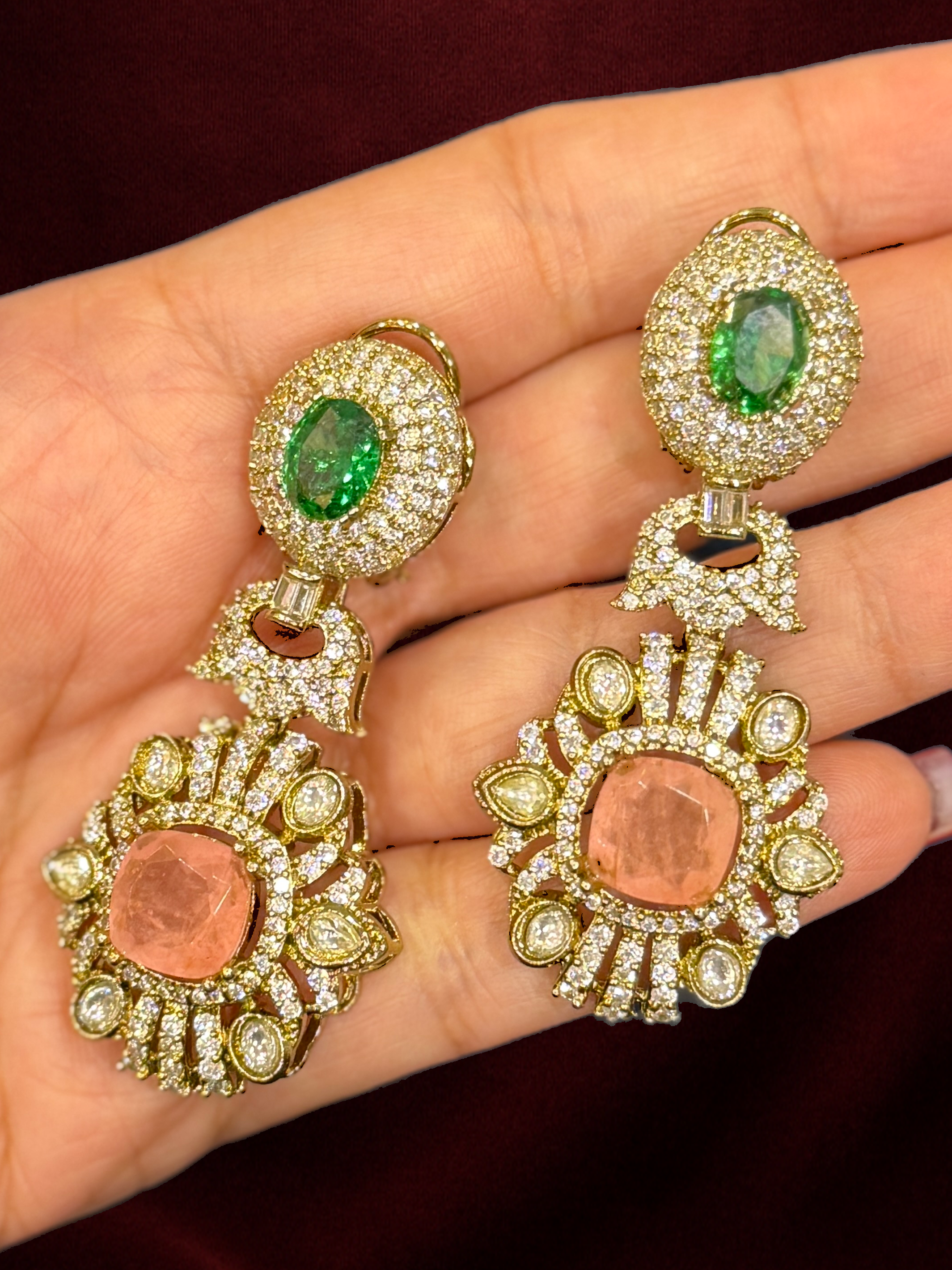 Elegant Green and Peach Drop Earrings - Earrings - Western/ Indo Western