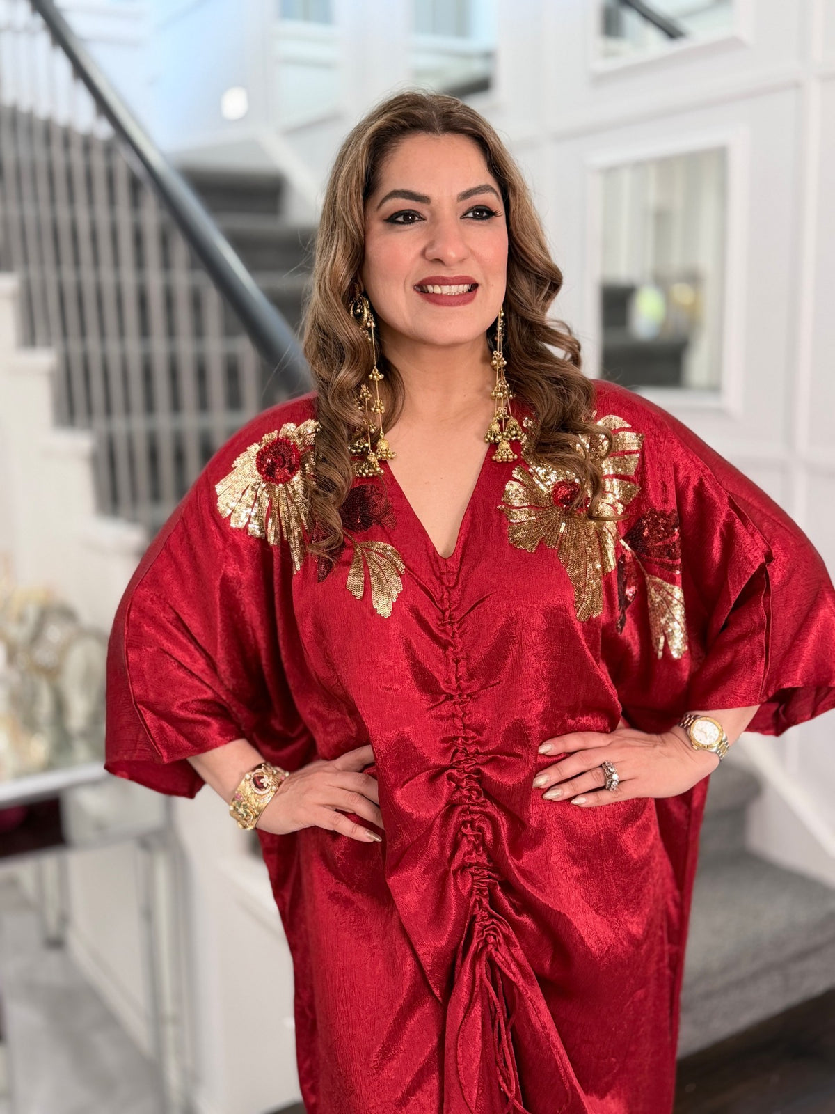 Indo-Western Wear - Maroon Red Satin Ruched Kaftan with Gold Sequin Floral Motifs by Panache by Divya - product image 3