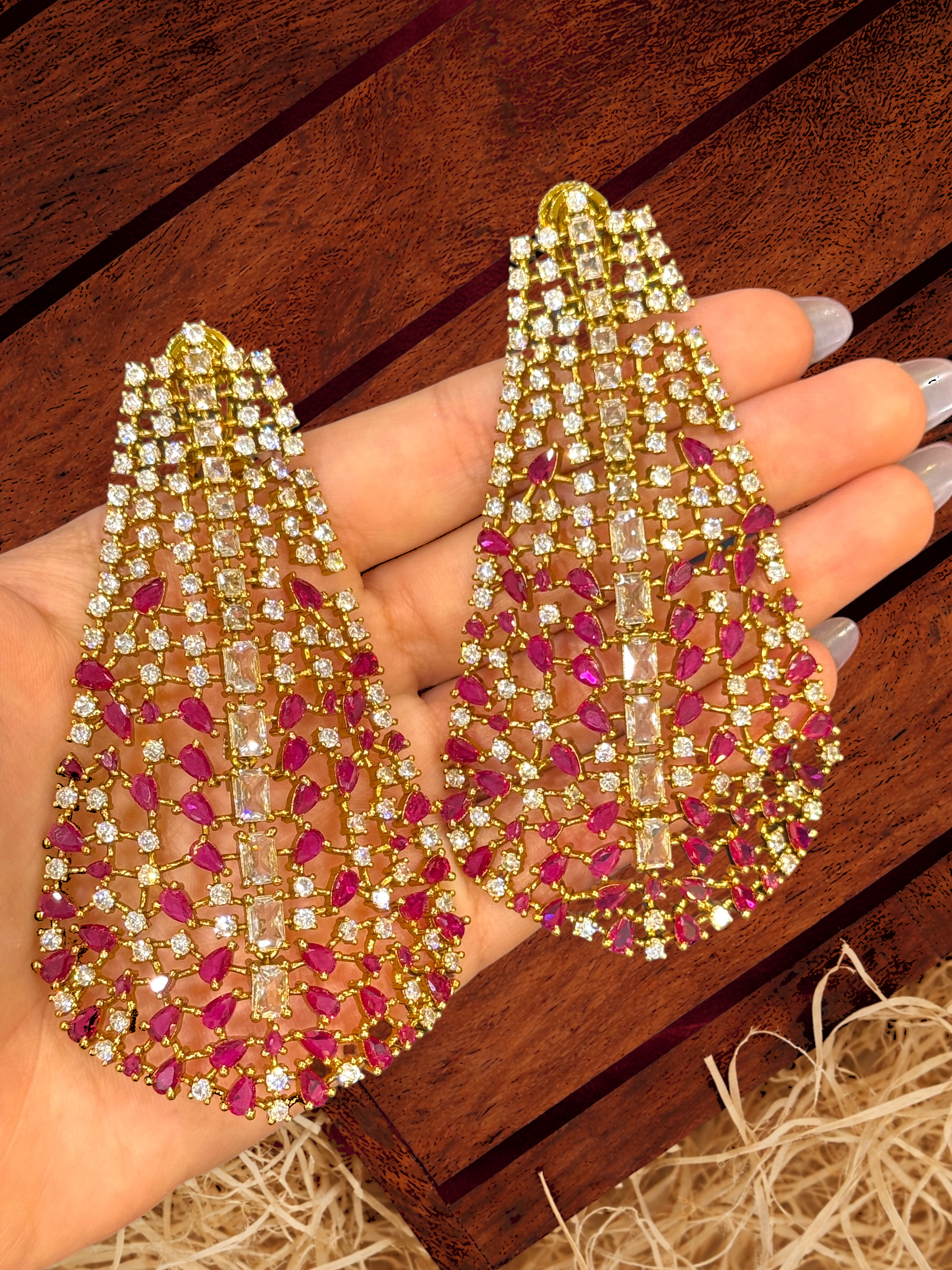 Gold and Ruby Teardrop Statement Earrings - Earrings - Western/ Indo Western