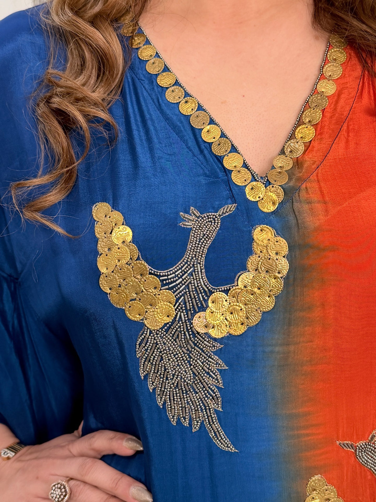 Blue Orange Ombre Bird Motif Coin Sequin Kaftan Co-ord Set by Panache by Divya - product image 5