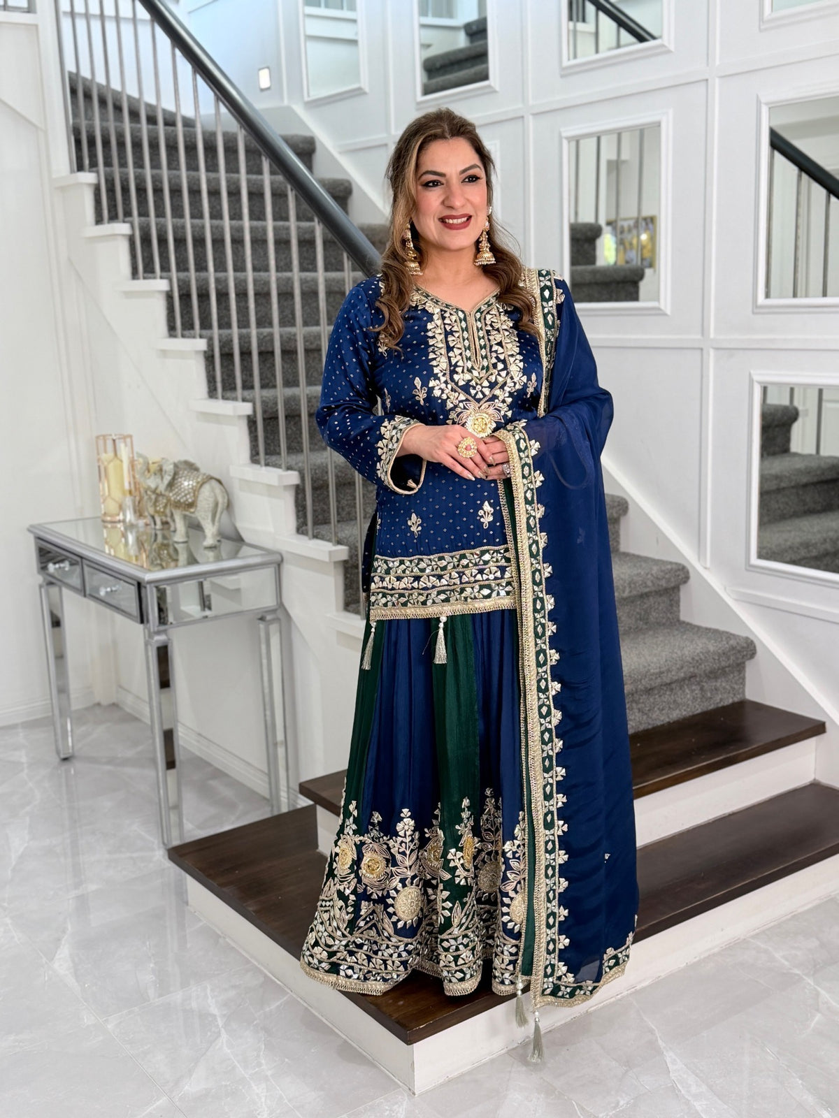 Salwar Kameez - Navy Blue Green Gota Patti Kurta Sharara Suit with Dupatta by Panache by Divya - product image 2