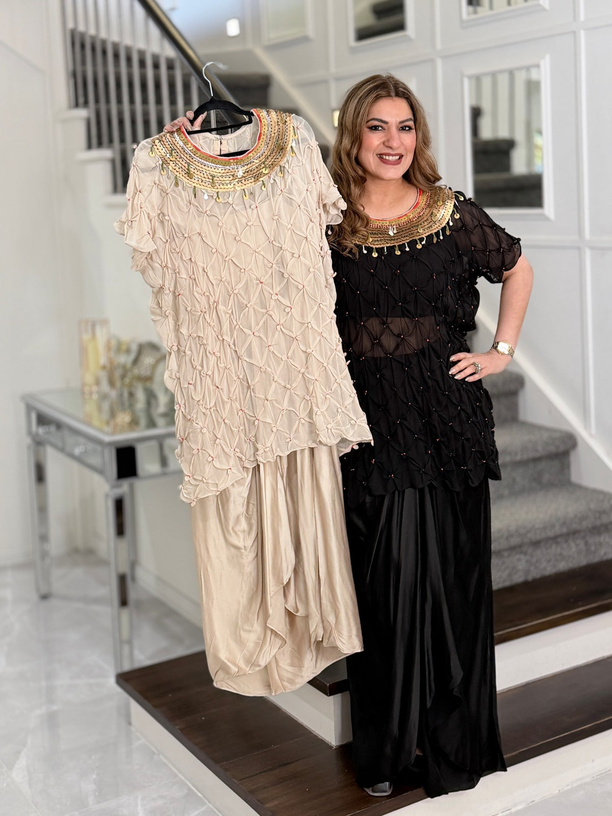 Indo-Western Wear - Beige Smocked Sheer Top with Gold Sequin Collar and Draped Dhoti… by Panache by Divya - product image 3