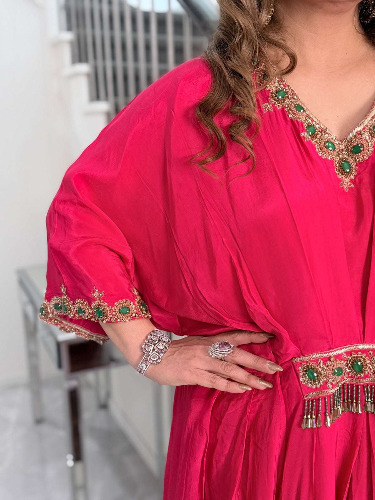 Indo-Western Wear - Hot Pink Silk Kaftan with Emerald Stone Embroidered Neckline and… by Panache by Divya - product image 5