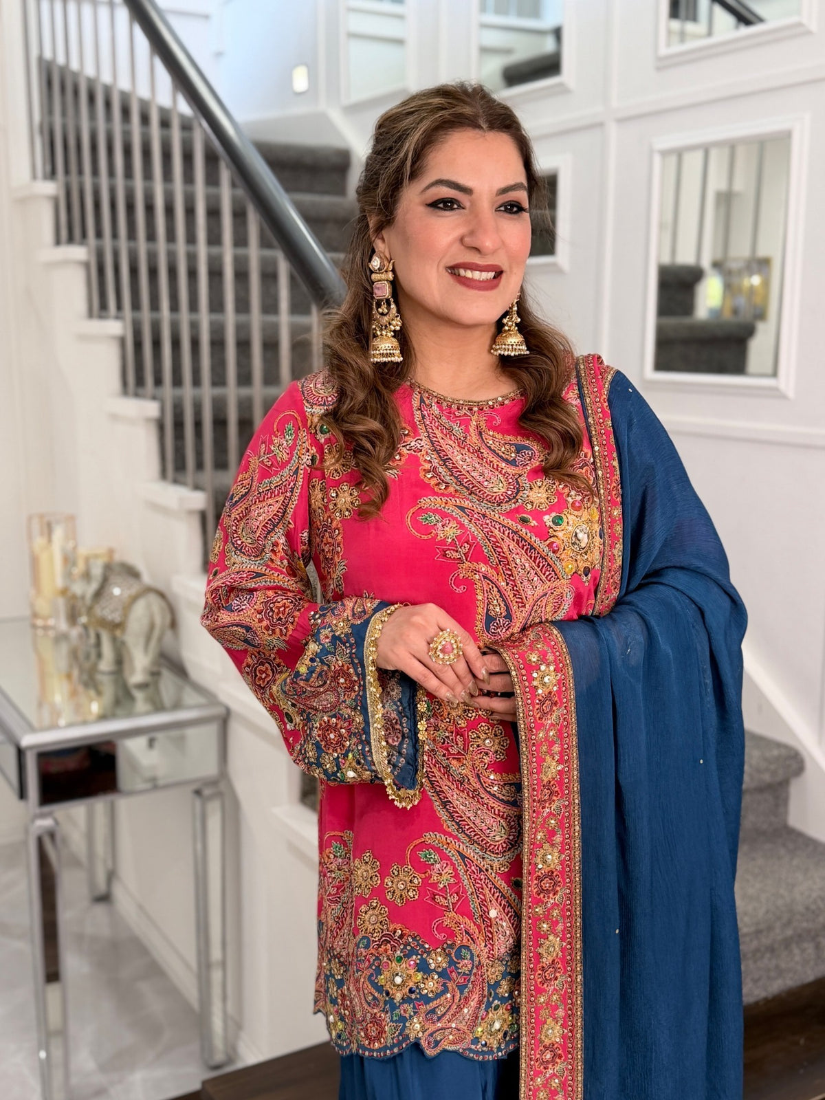 Salwar Kameez - Pink Paisley Embellished Kurti Salwar Set with Teal Dupatta by Panache by Divya - product image 3