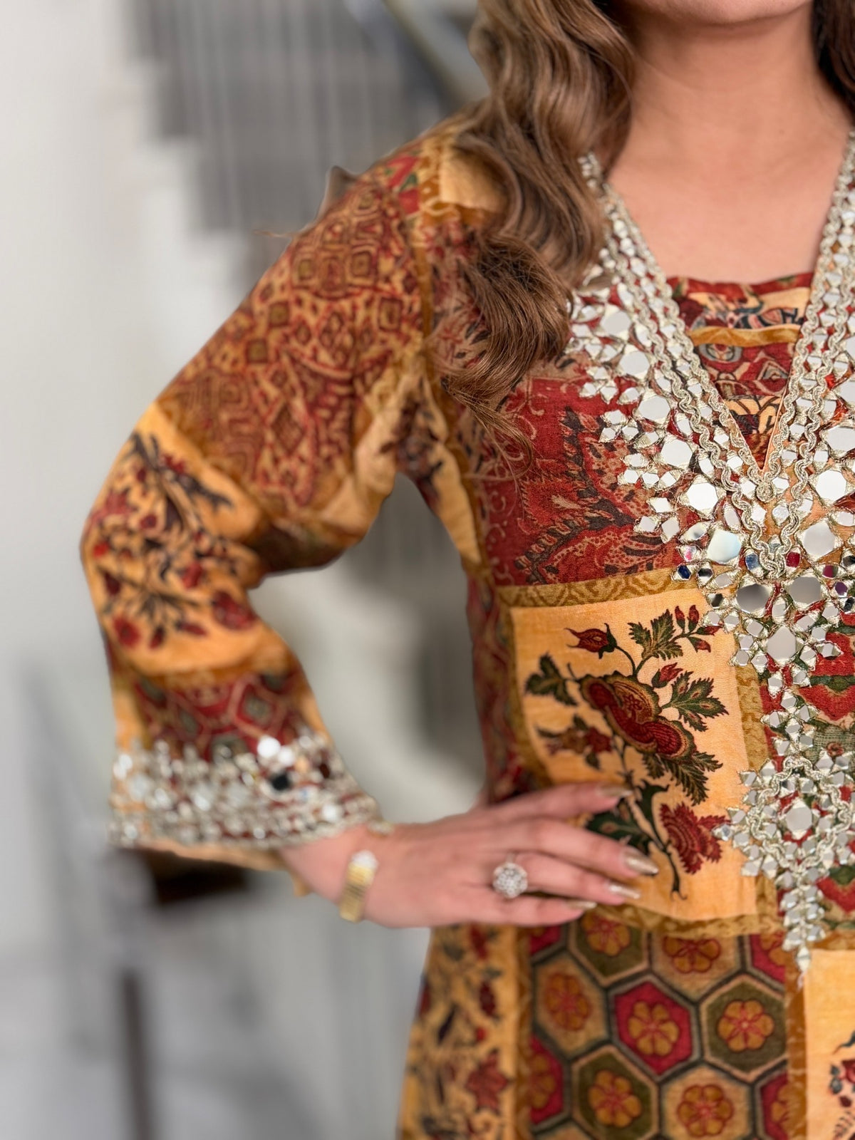 Rust Patchwork Print Mirror Work Kaftan Co-ord Set with Potli by Panache by Divya - product image 6