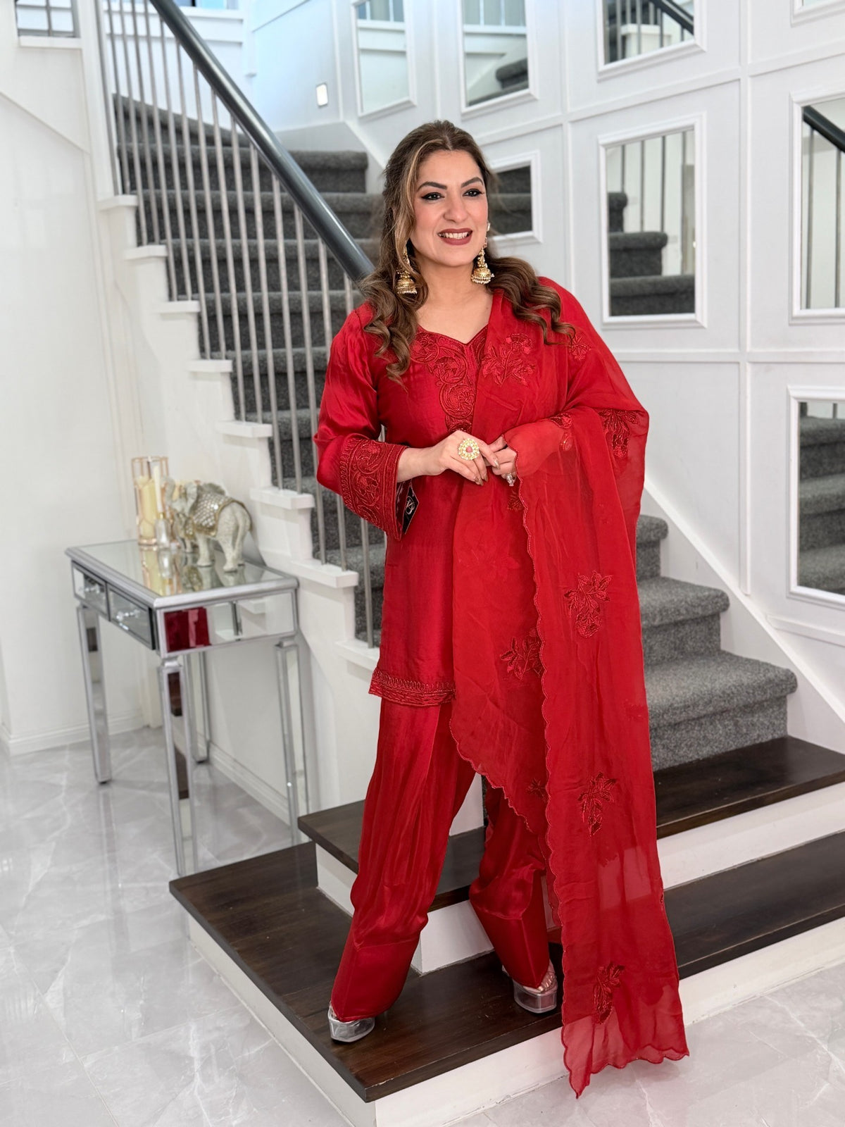 Salwar Kameez - Red Silk Tonal Embroidered Salwar Suit with Organza Dupatta by Panache by Divya - product image 2