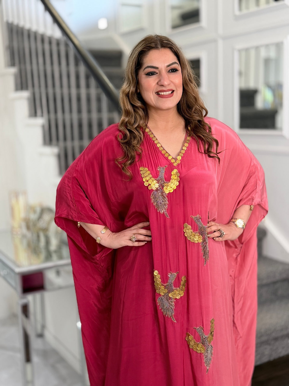 Rose Pink Bird Motif Coin Sequin Kaftan Co-ord Set by Panache by Divya - product image 3