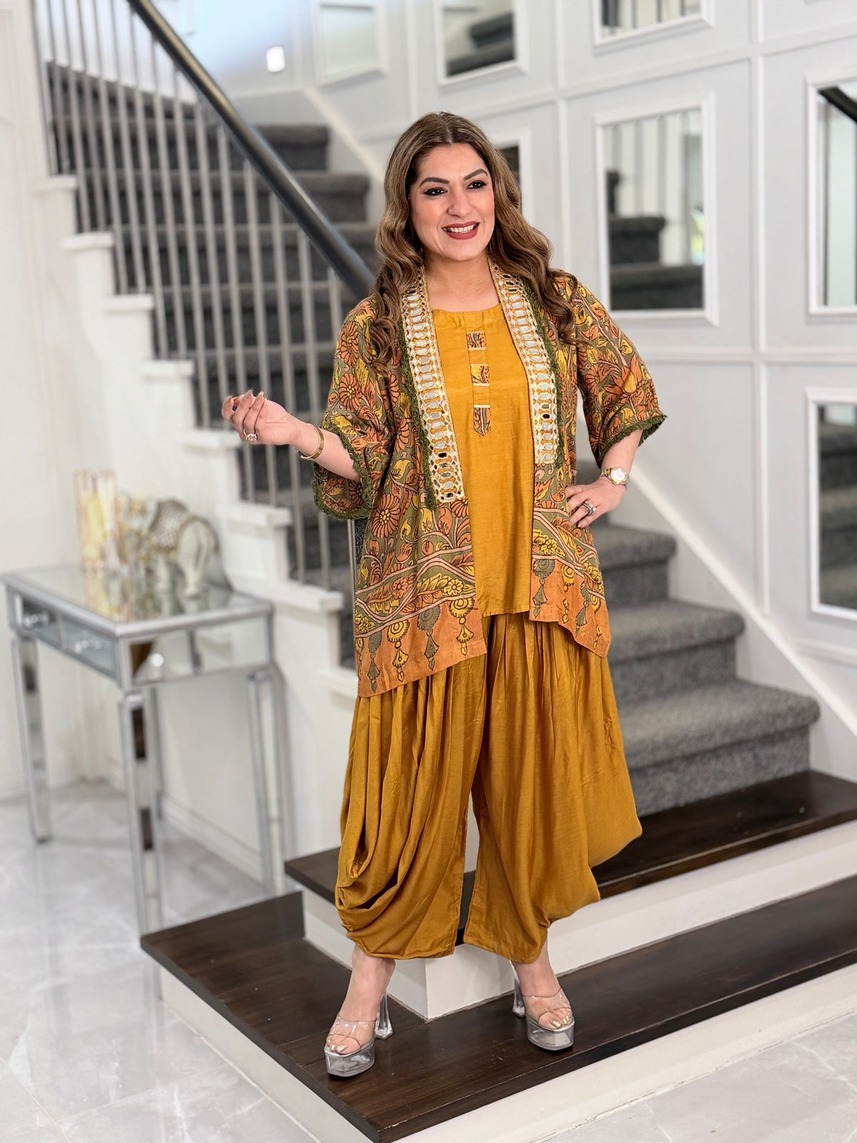Mustard Kalamkari Mirror Work Jacket Dhoti Co-ord Set by Panache by Divya - product image 1