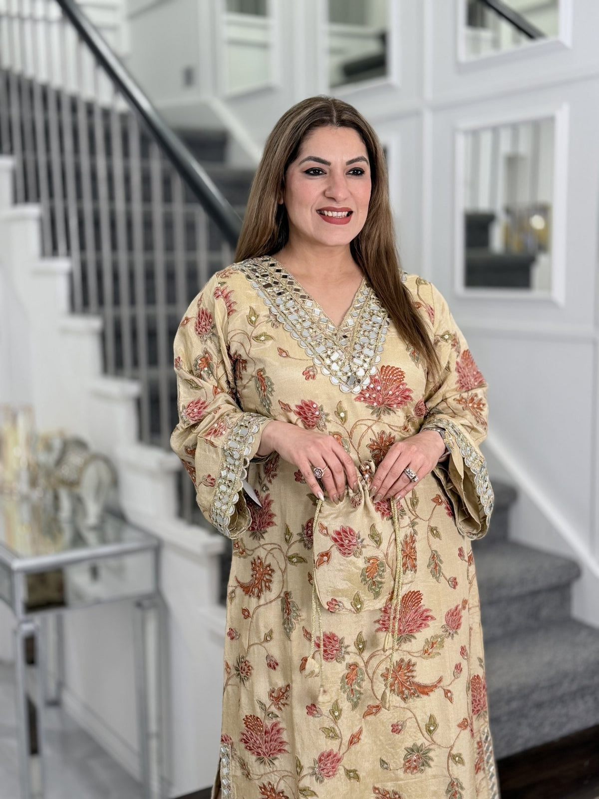 Beige Floral Embroidered Mirror Work Kurta Co-ord Set with Potli by Panache by Divya - product image 2