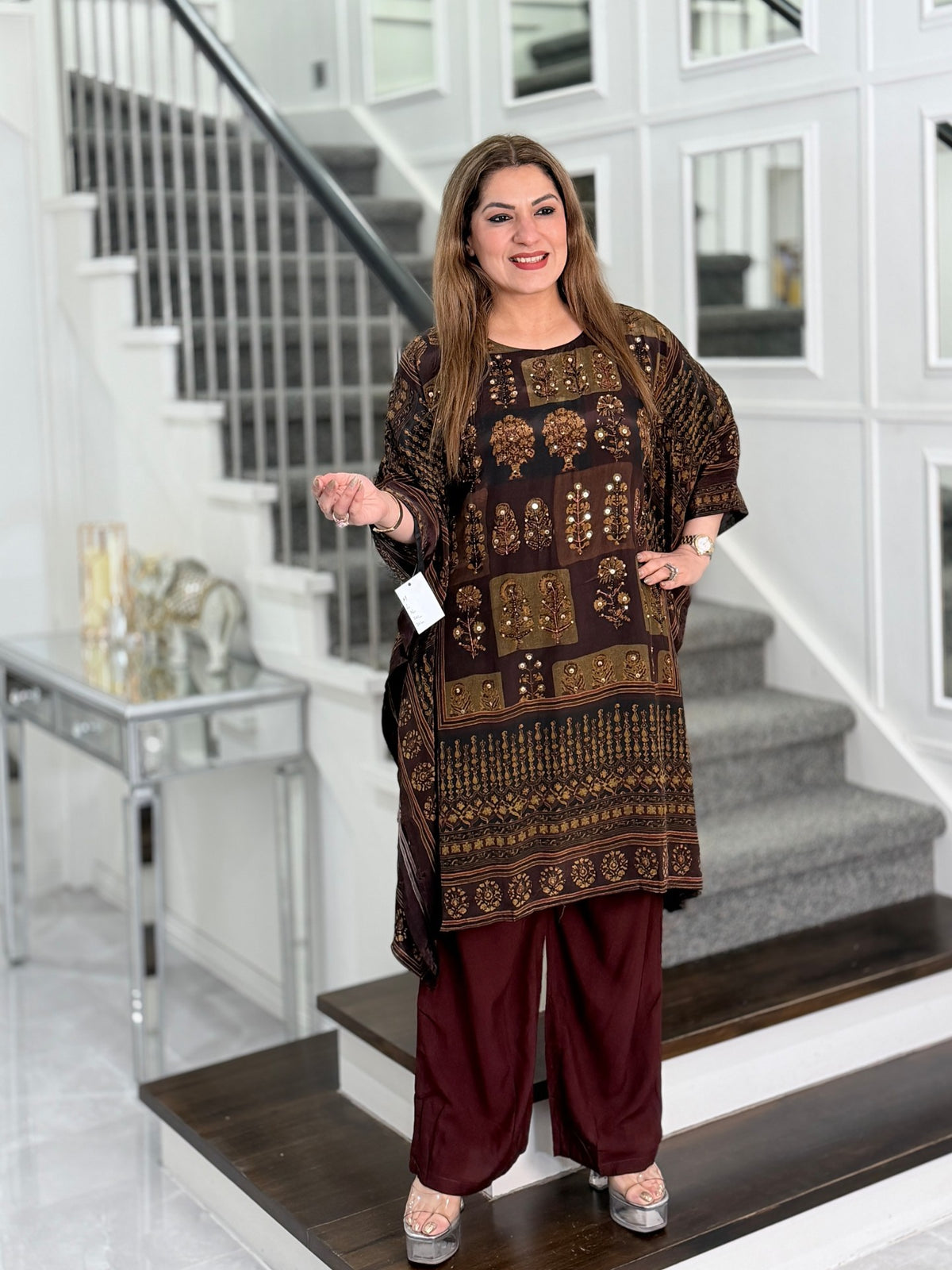 Brown Block Print Sequin Kaftan Co-ord Set by Panache by Divya - product image 1