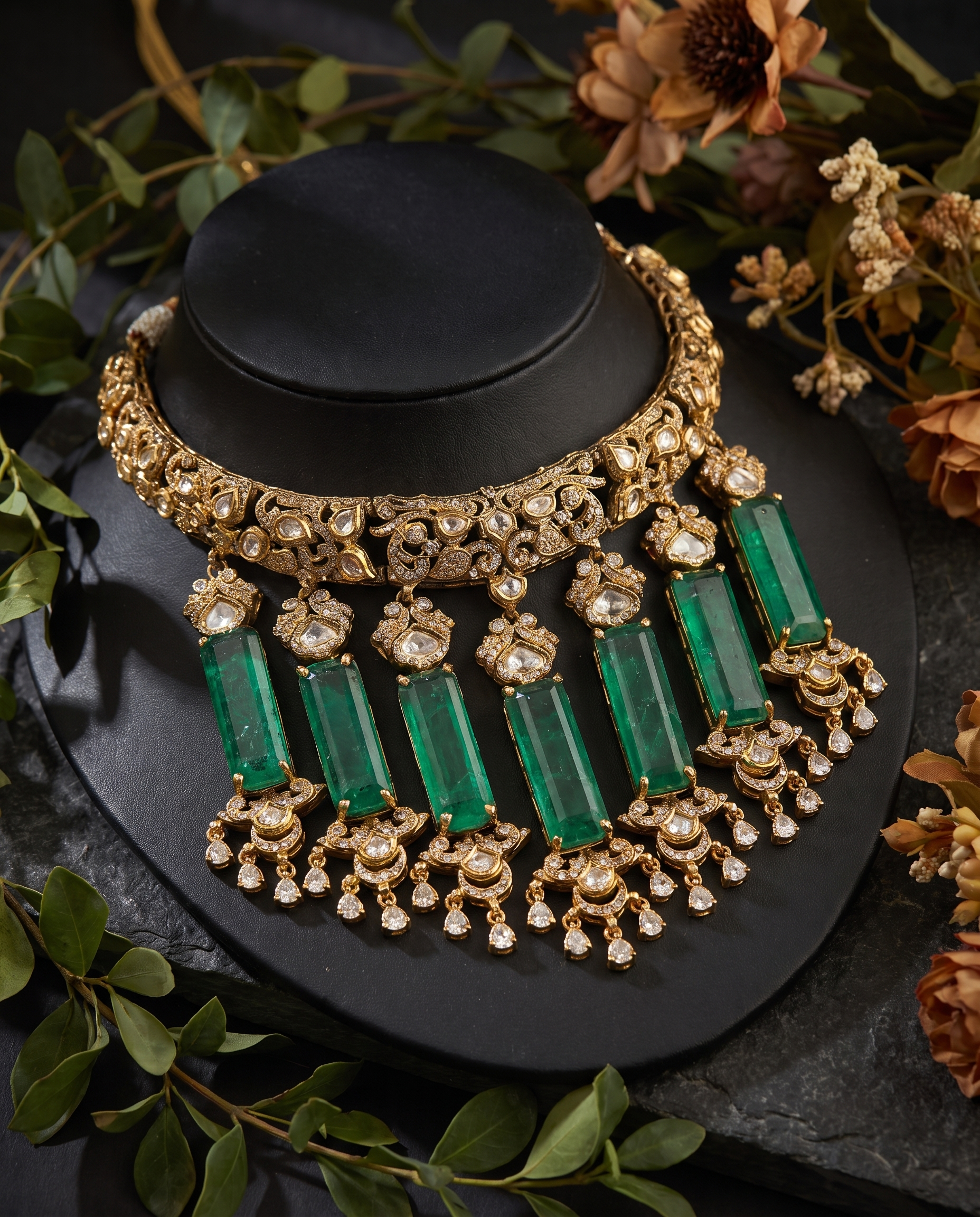 Emerald and Gold Statement Necklace Set