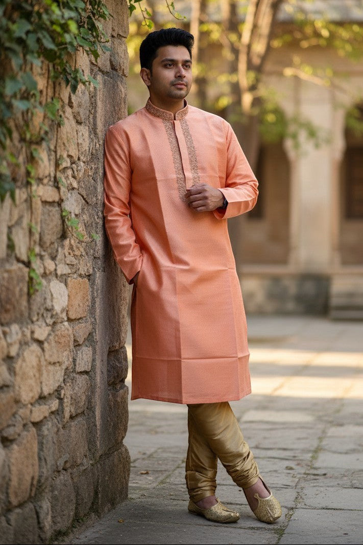 Panache peach embroidered kurta pajama set for men. Silk blend fabric with subtle diamond pattern.