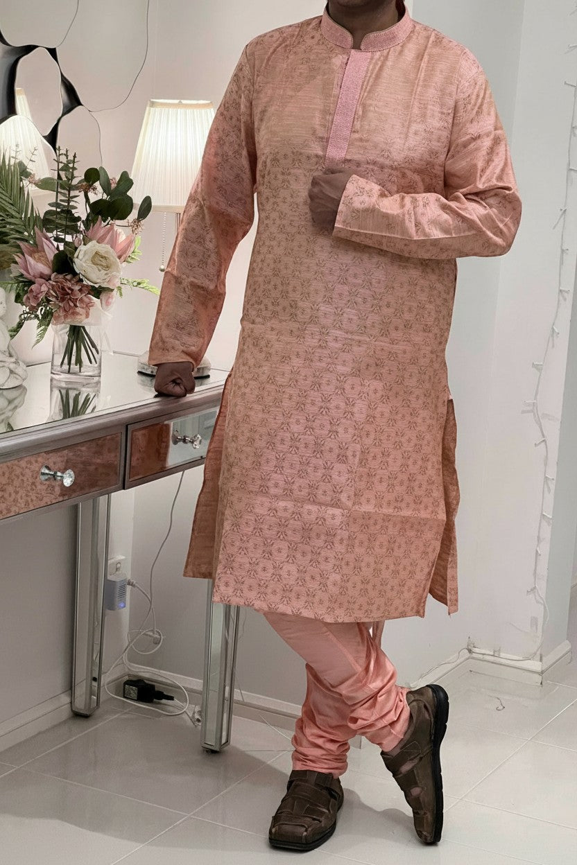 Panache pink silk blend kurta pajama set with subtle floral pattern and mandarin collar.