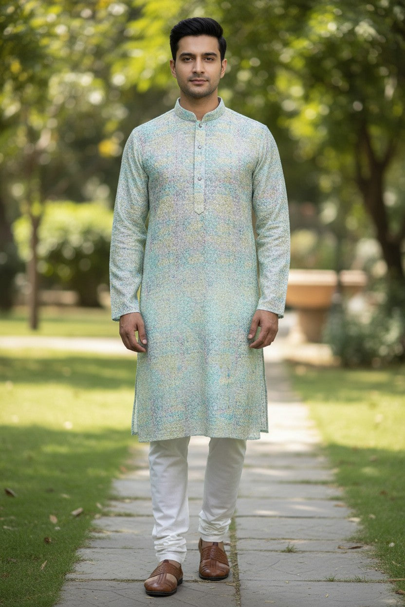 PanacheByDivya pastel multi-color embroidered kurta pajama set with jacket. Lightweight, breathable fabric with intricate patterns.