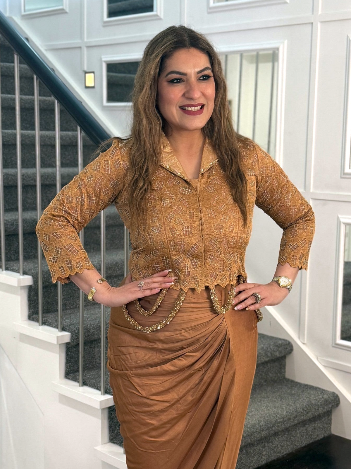 PanacheByDivya premium indo-western outfit featuring a mustard lace jacket and draped satin skirt for special events.