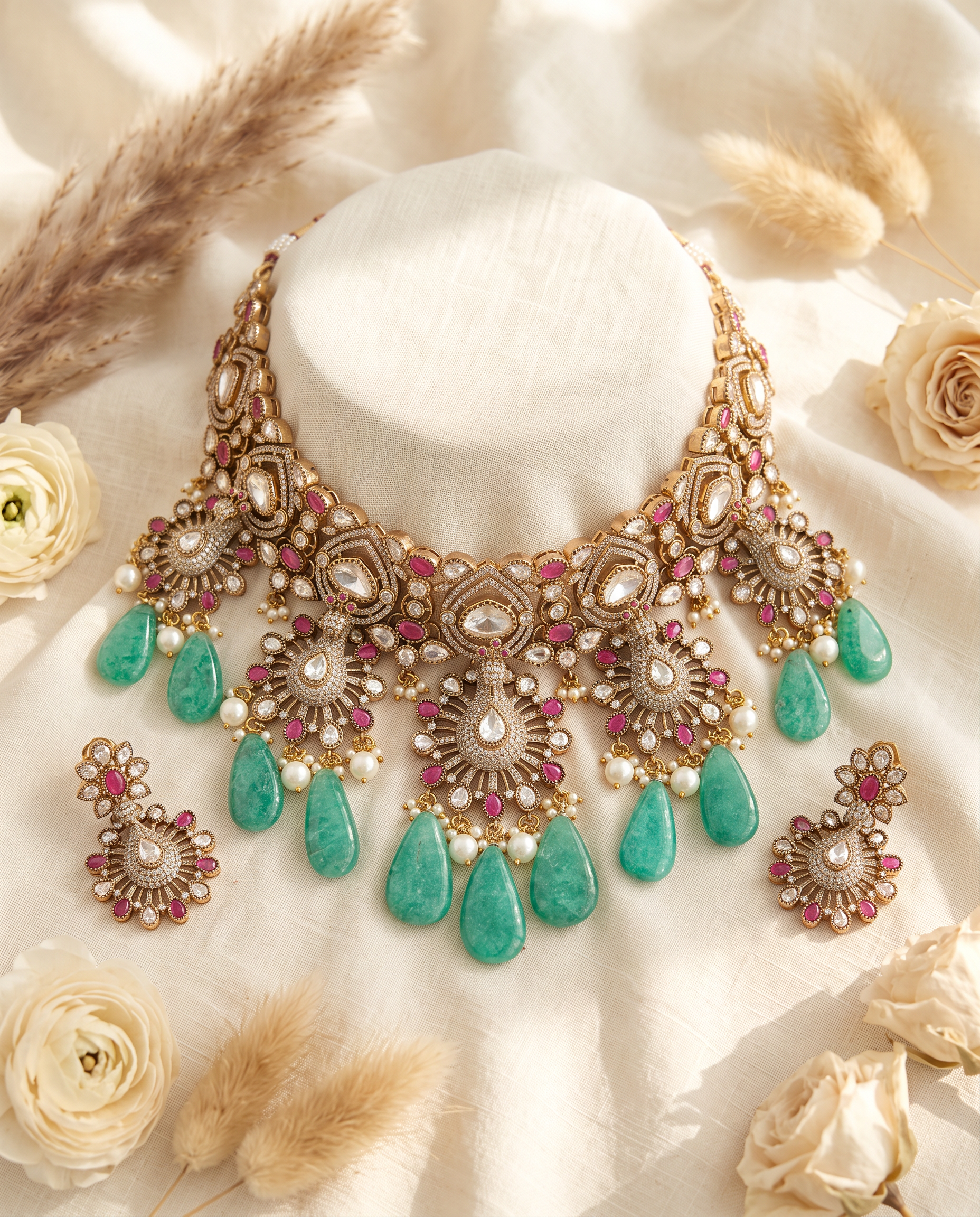 Elegant Green and Pink Necklace Set