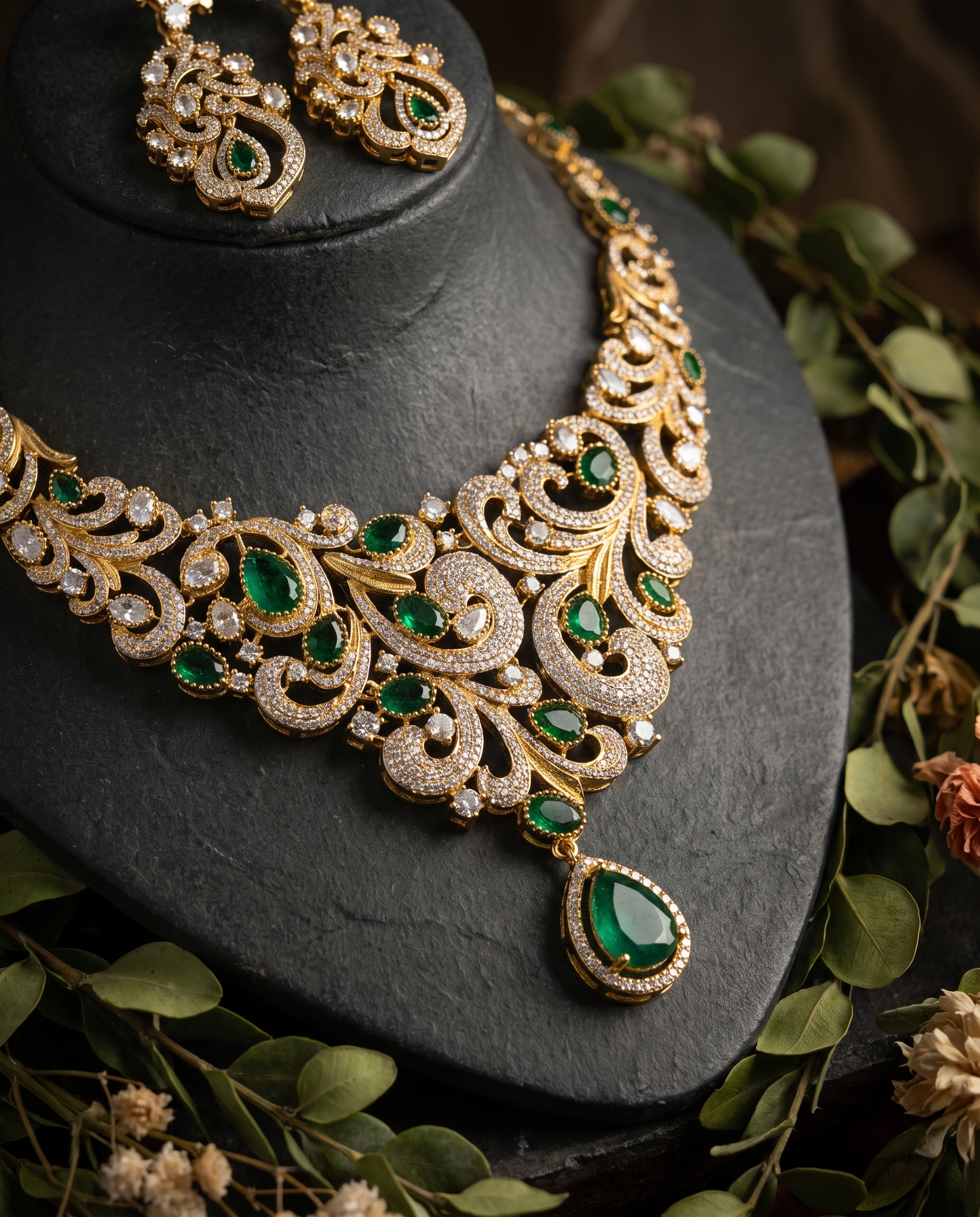 Elegant Emerald Gold Necklace and Earrings