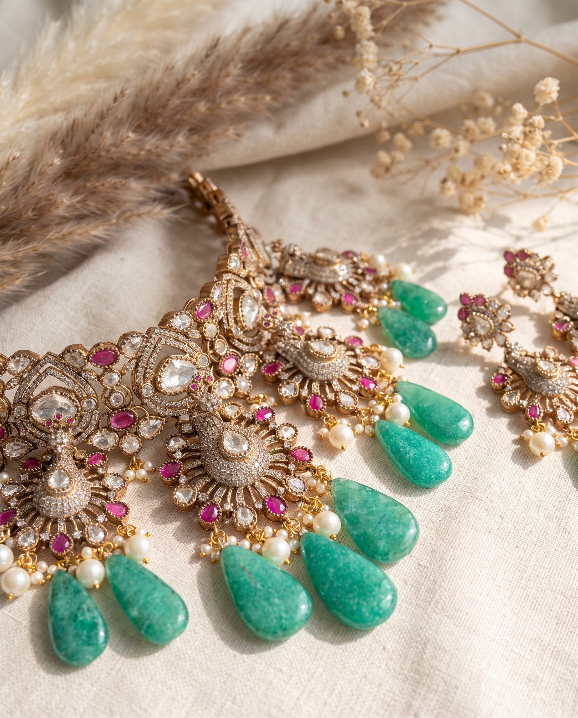 Elegant Green and Pink Necklace Set